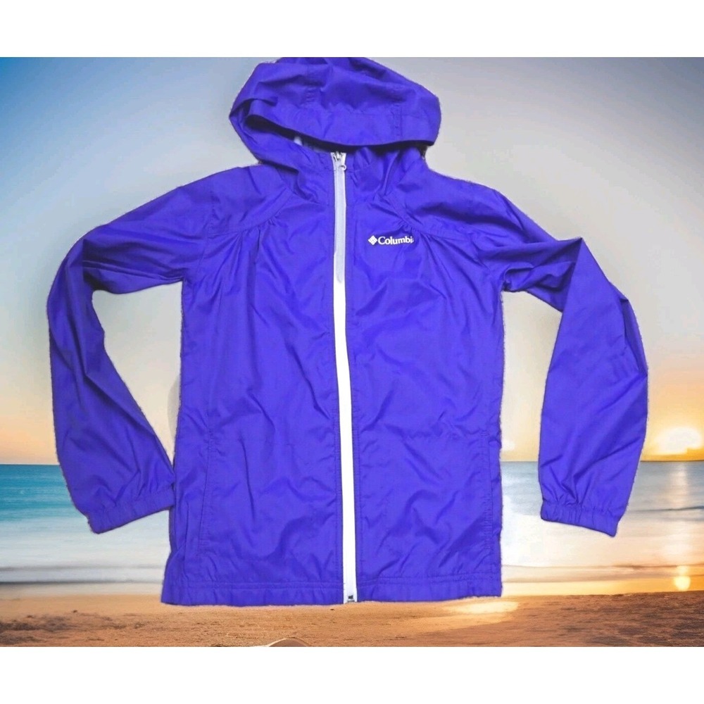 Columbia Windbreaker Jacket Girls Medium Purple Good Hooded Full Zip Lightweight